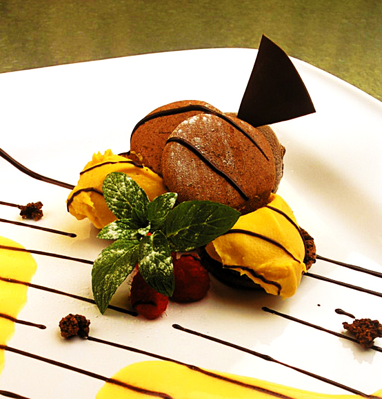 Chocolate Macaron with Lucuma Mousse and Custard