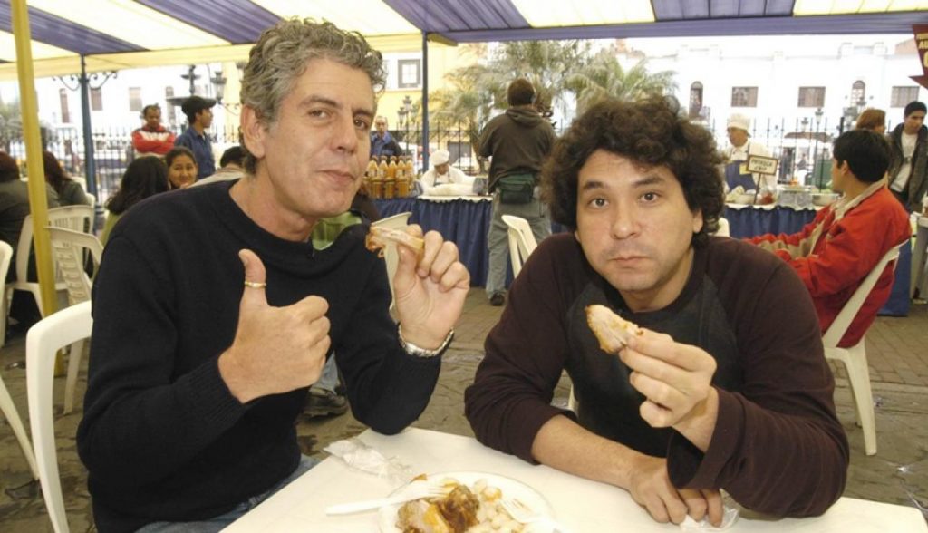 Anthony Bourdain and Chef Gaston Acurio eating in Lima, Peru