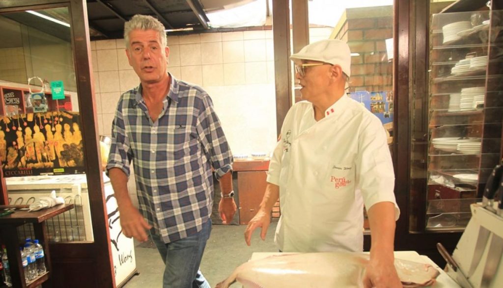 Anthony Bourdain and Peruvian Chef Chez Wong cooking ceviche in Lima, Peru